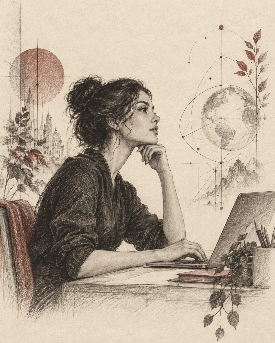 Pencil illustration of a woman engineer working at her laptop